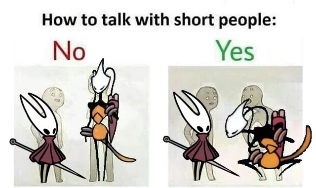 How to talk with short people No Yes Мем о том, как правильно разговаривать с невысокими людьми: на одной стороне два персонажа стоят ровно, на другой один из них нагнулся, чтобы быть на одном уровне с собеседником.