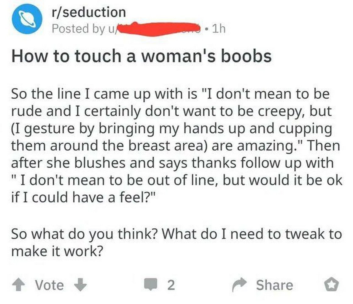How to touch a woman's boobs Скриншот с Reddit, на котором пользователь спрашивает, как правильно потрогать женскую грудь, предлагая свою фразу для флирта.