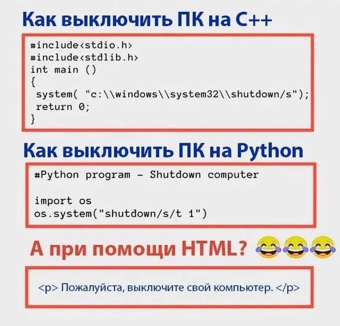 Как выключить ПК на HTML Мем, сравнивающий способы выключения ПК на C++, Python и HTML