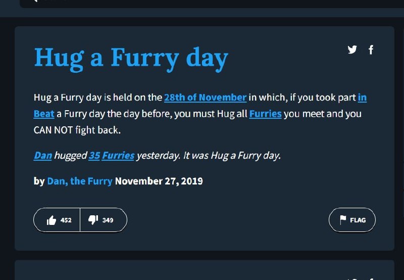 Hug a Furry day Мем со скриншотом статьи Urban Dictionary о "Дне объятий с фурри" 28 ноября.