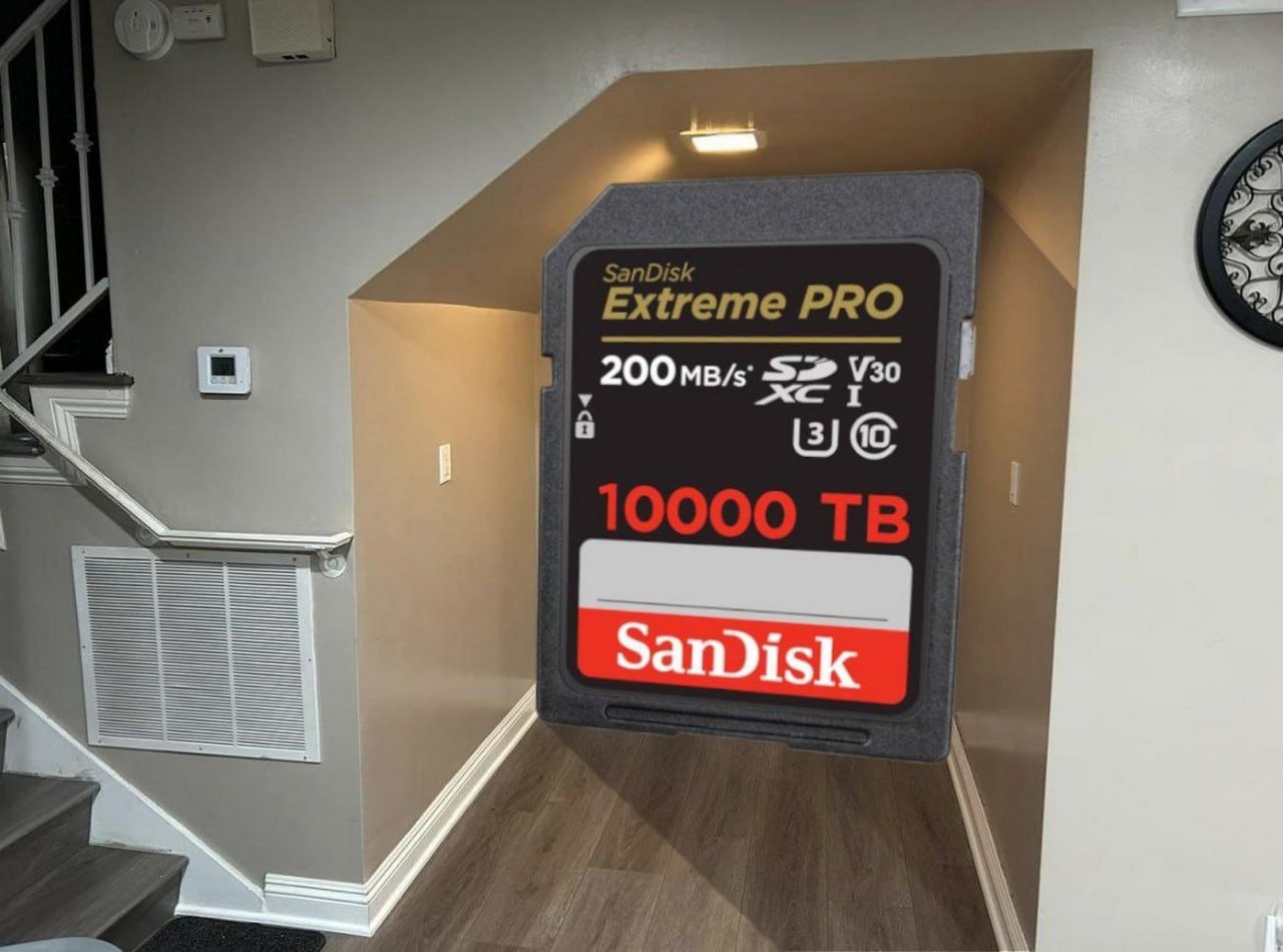Огромная карта памяти Sandisk Фотошоп с очень большой картой памяти Sandisk Extreme PRO на 10000 терабайт, которая не помещается в коридоре.