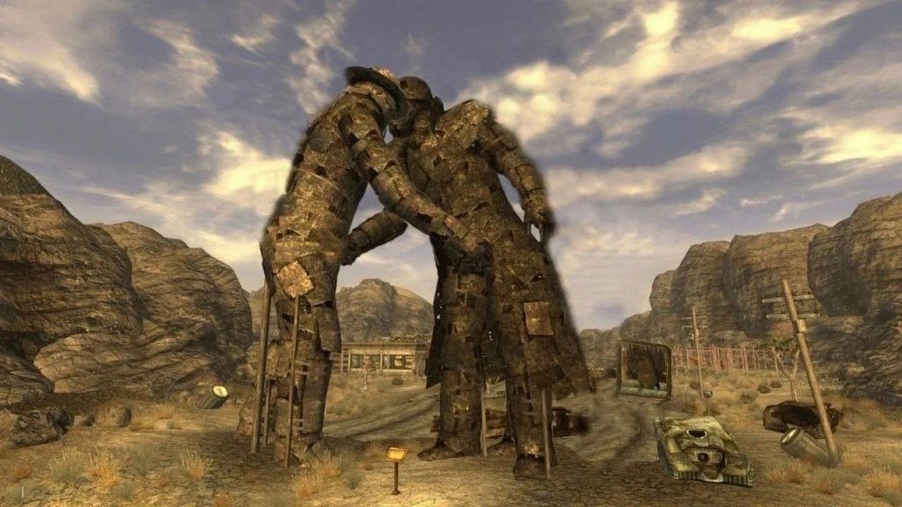 Обнимающиеся статуи из Fallout New Vegas Мемориал поцелуя из игры Fallout New Vegas