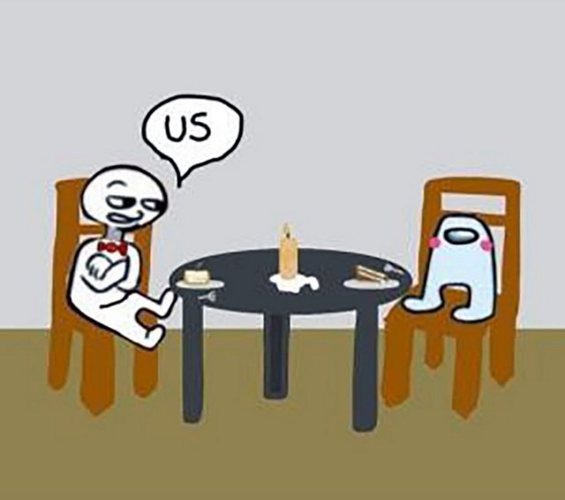 Человечек говорит "Us" Человечек с хитринкой и "Амонгас" за столиком со свечой