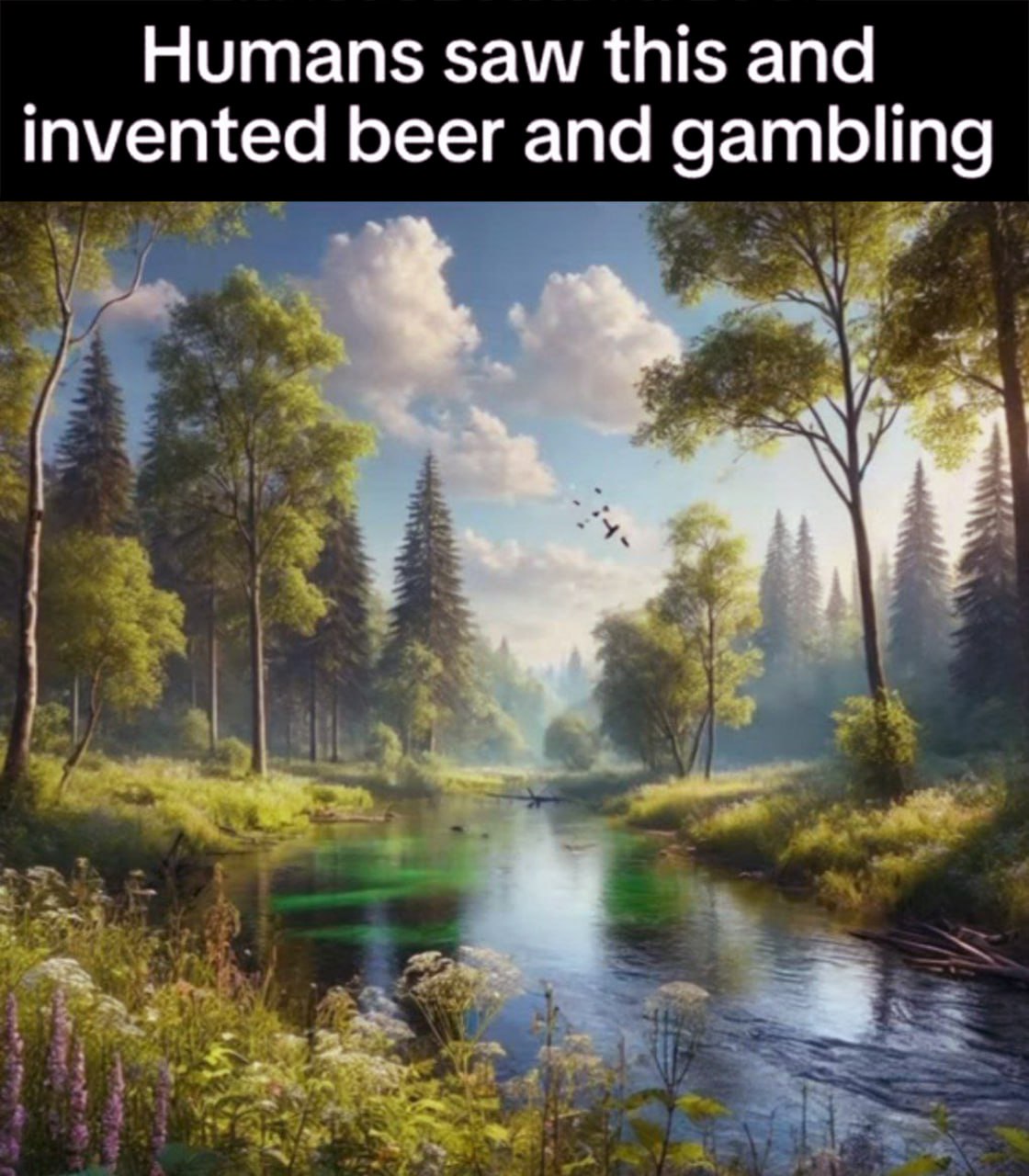 Humans saw this and invented beer and gambling Мем с надписью "Humans saw this and invented beer and gambling" и изображением красивой природы с рекой и лесом