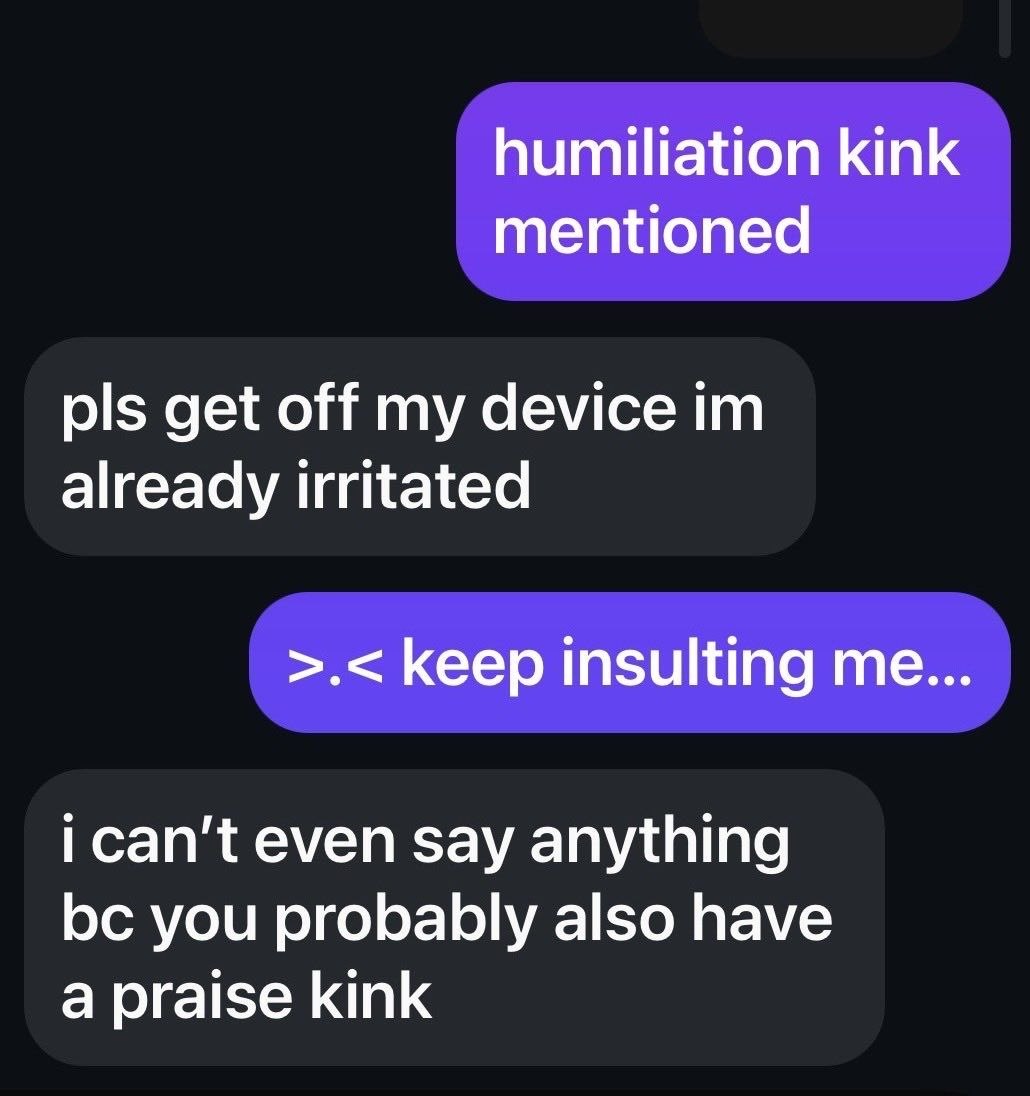 Переписка о «humiliation kink», где раздражённый собеседник пытается прекратить оскорбления, но получает ответ про «praise kink».