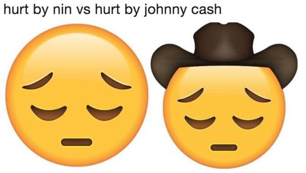Hurt by nin vs hurt by johnny cash Сравнение грусти от песни «Hurt» в исполнении Nine Inch Nails и Джонни Кэша, показанное двумя эмодзи.