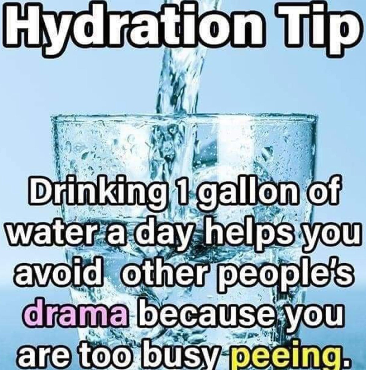 Hydration Tip Drinking 1 gallon of water a day helps you avoid other people's drama because you are too busy peeing Забавная шутка о том, как пить много воды, чтобы избежать чужой драмы, потому что вы слишком заняты тем, что писаете.