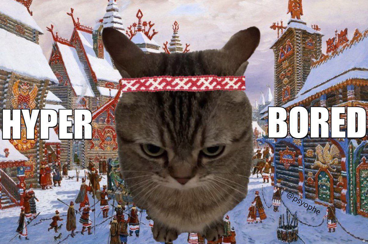 Гиперборейский кот Кот на фоне русской деревни в повязке с надписями HYPER BORED