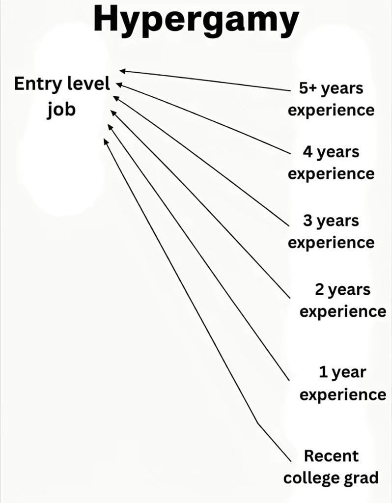 Схема под названием Hypergamy: вакансия entry level job и стрелки от кандидатов с 5+ годами опыта до недавнего выпускника колледжа