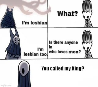 I'm lesbian Hollow Knight Мем с персонажами Hollow Knight, где они обсуждают свою ориентацию