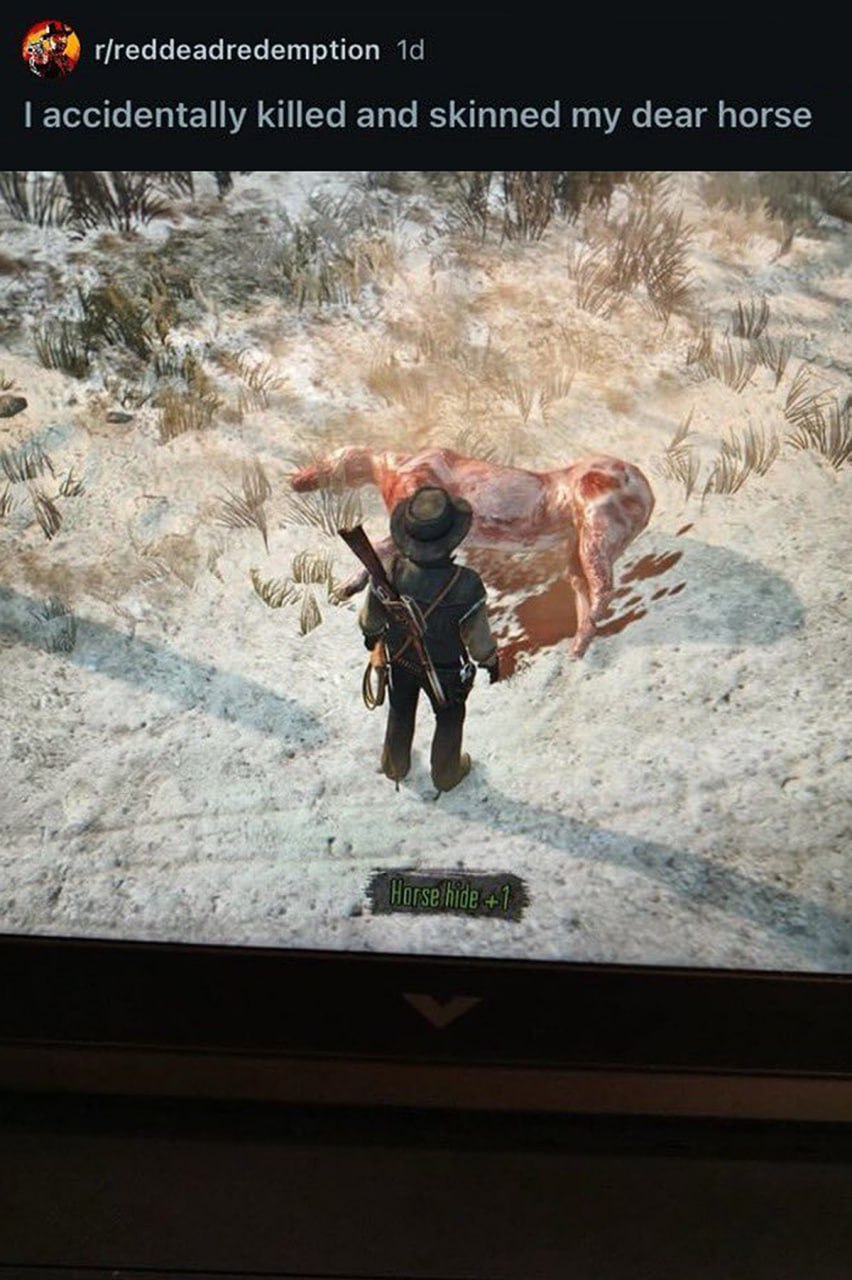 I accidentally killed and skinned my dear horse Мем про игрока в Red Dead Redemption, который случайно убил и снял шкуру со своей лошади