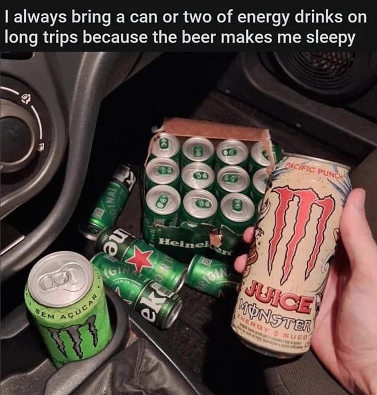 I always bring a can or two of energy drinks На длинных поездках я всегда беру банку или две энергетиков, потому что пиво меня усыпляет