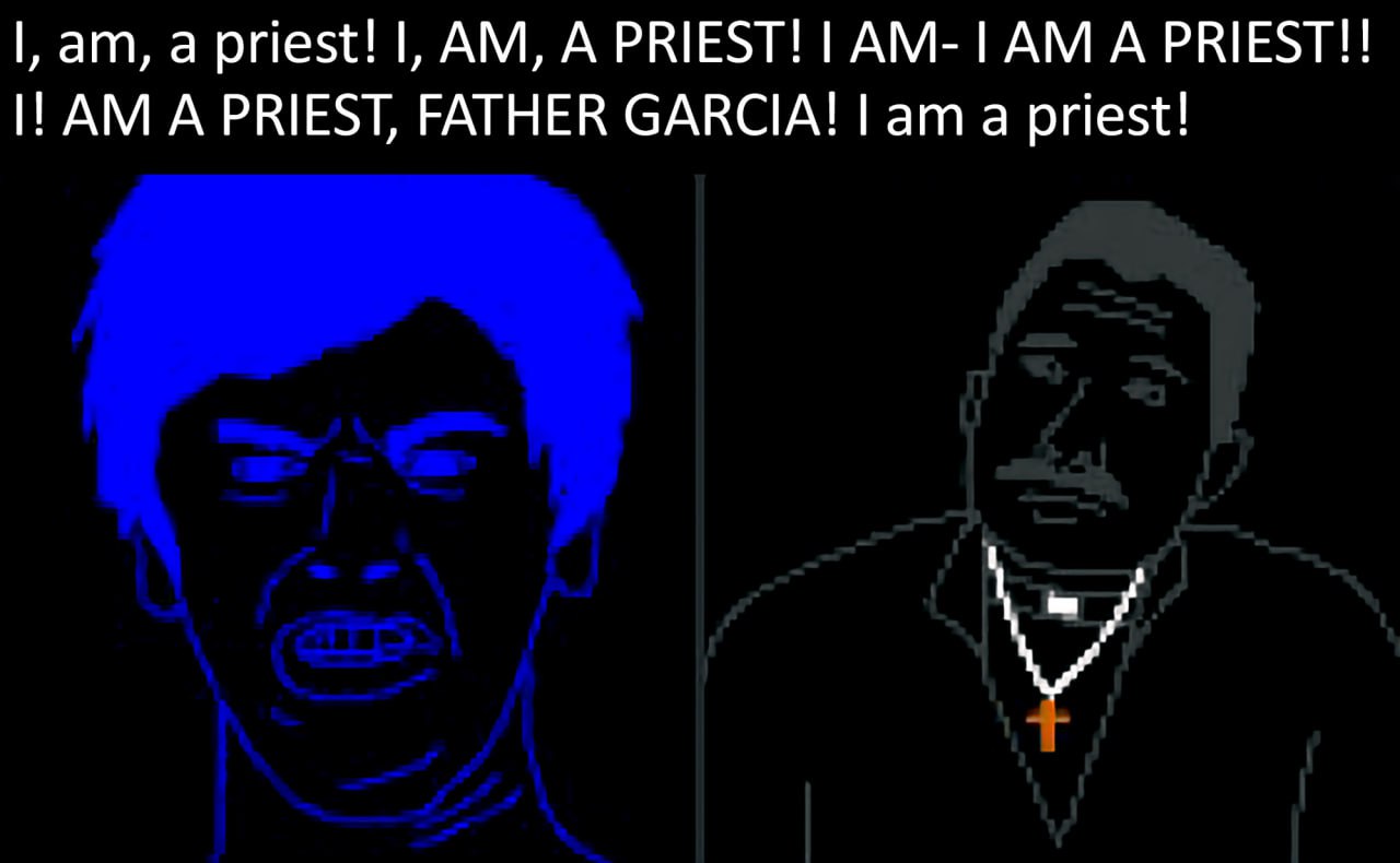 I, am, a priest! I, AM, A PRIEST! Мем с агрессивным человеком, кричащим "Я священник!" и спокойным отцом Гарсией