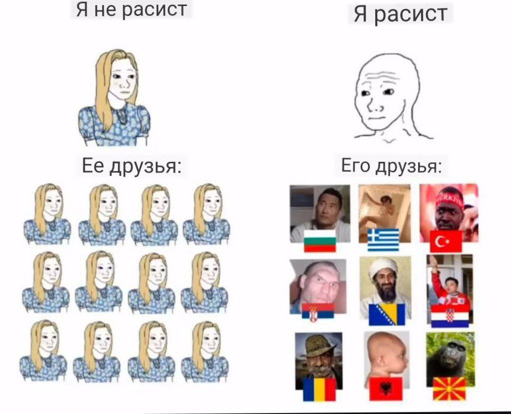 Я расист Мем, где девушка, которая говорит, что она не расистка, имеет только белых друзей, а парень, который говорит, что он расист, имеет друзей разных национальностей.