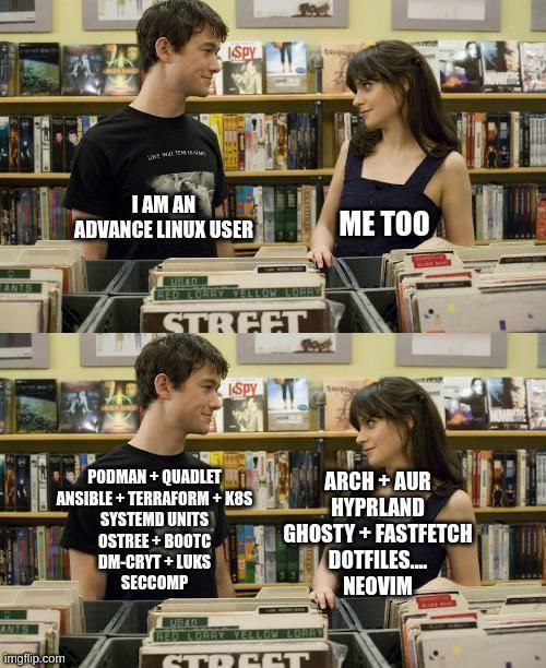 I am an advance Linux user me too Мем, где парень и девушка говорят, что они продвинутые пользователи Linux, а затем начинают перечислять используемые сложные технологии и программы