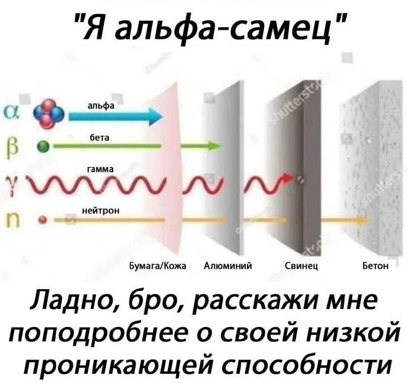 "Я альфа-самец" и низкая проникающая способность Мем про то, как альфа-частицы, беты, гамма-лучи и нейтроны проникают через разные материалы, со словами "Ладно, бро, расскажи мне поподробнее о своей низкой проникающей способности"