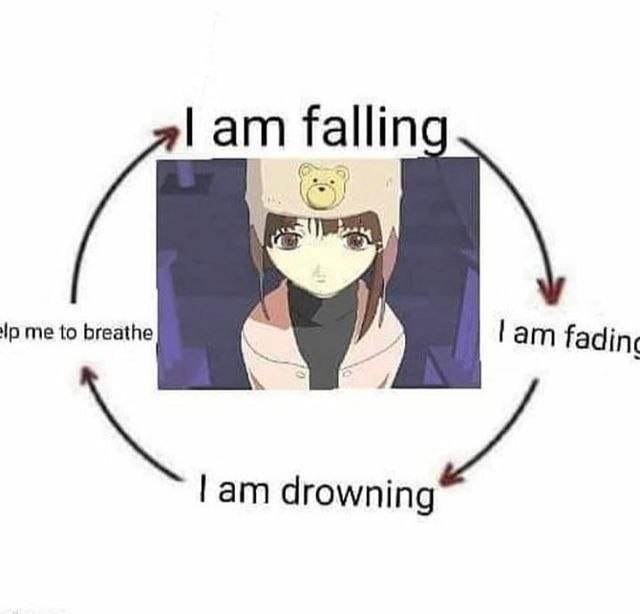 Грустная аниме-девушка в замкнутом круге: «I am falling», «I am fading», «I am drowning», «Help me to breathe»