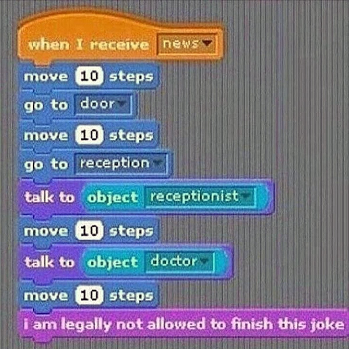 I am legally not allowed to finish this joke Мем с блоками кода Scratch и надписью «Я юридически не могу закончить эту шутку»