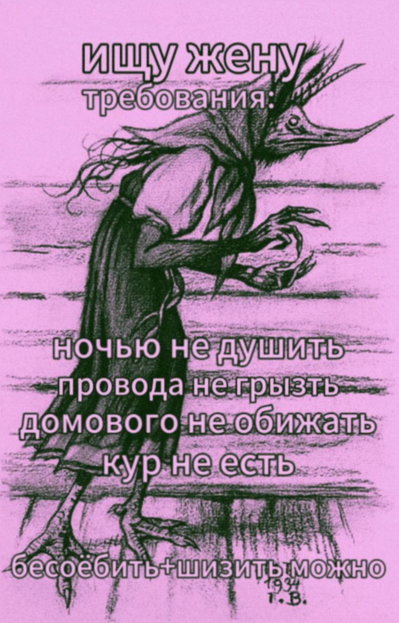 Ищу жену требования Мем с изображением жуткого существа, похожего на птицу или демона, с подписью «Ищу жену» и списком необычных требований к будущей супруге.