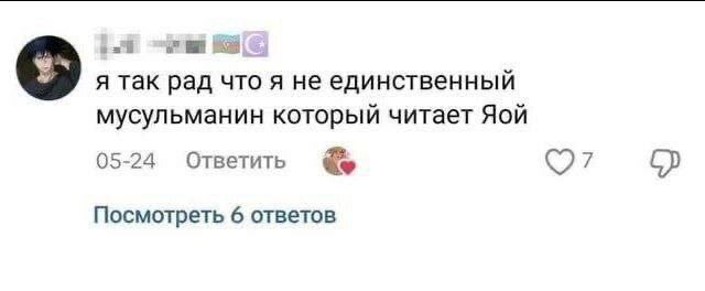 Я так рад что я не единственный мусульманин который читает яой Комментарий «Я так рад что я не единственный мусульманин который читает яой» под постом в социальной сети.