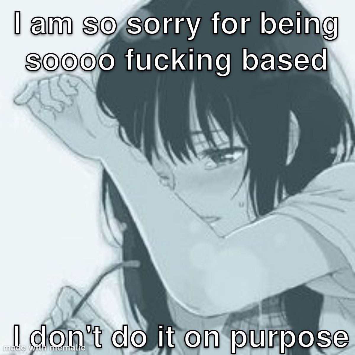 Смущённая девушка из манги с подписью «Мне так жаль, что я настолько охуенно права — я не делаю это специально»