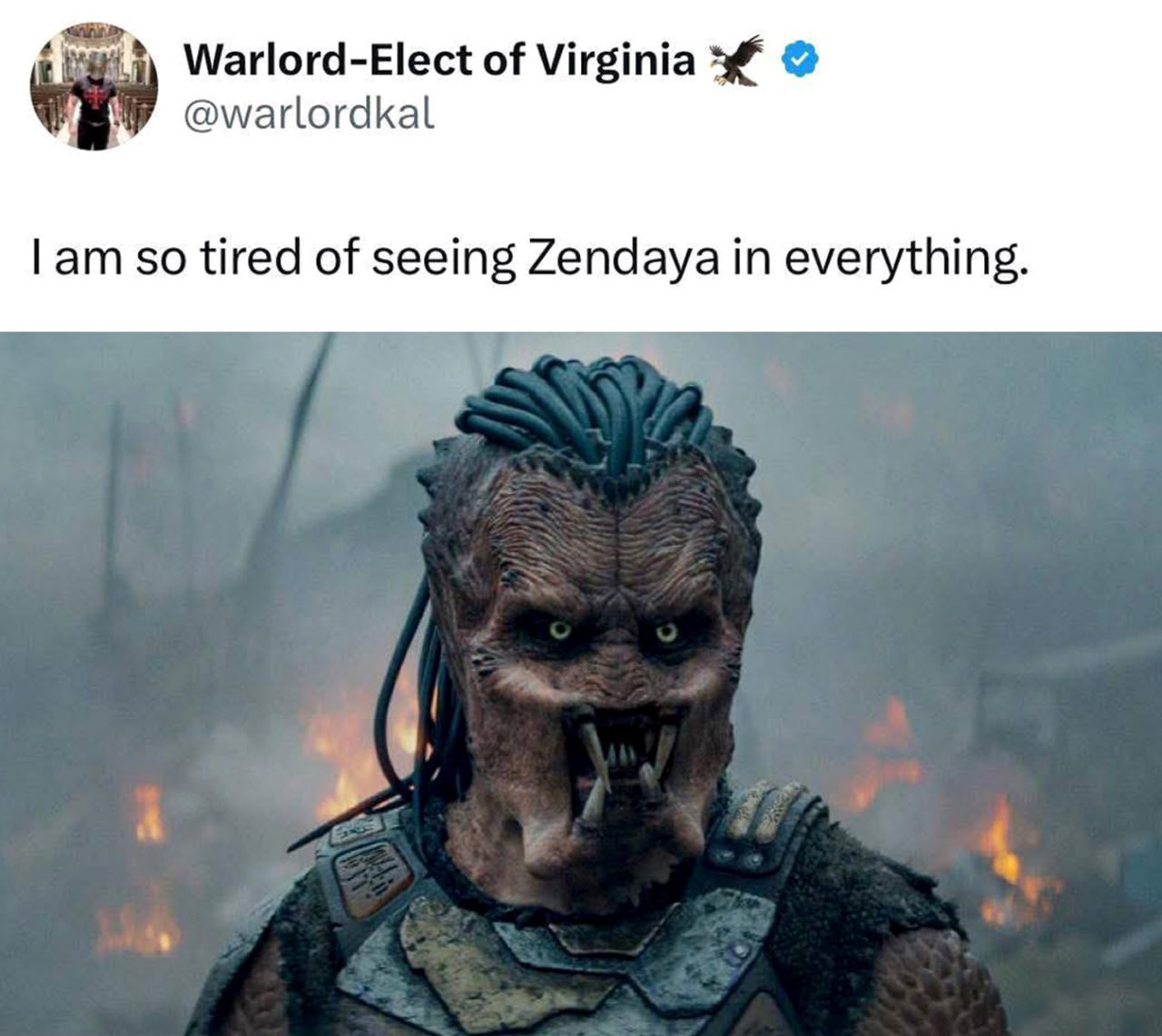 I am so tired of seeing Zendaya in everything Мем с Хищником, который устал видеть Зендею во всем
