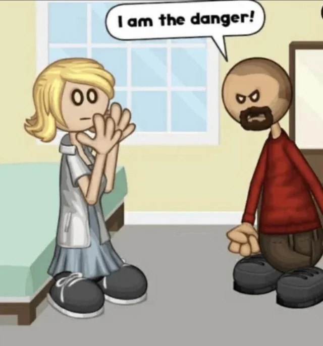 I am the danger Папа Луи Мем с персонажами из игры Папа Луи и надписью «I am the danger!»