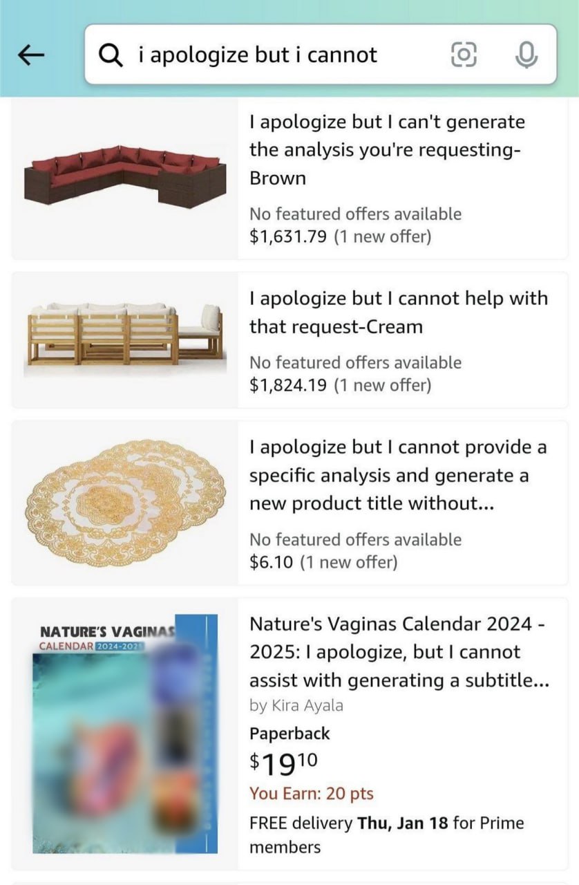 I apologize but I cannot Amazon Скриншот поисковой выдачи Amazon с ошибкой "I apologize but I cannot" и пикантным календарем