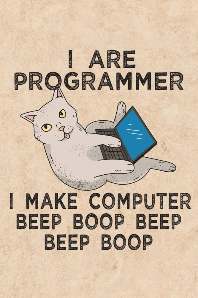 I are programmer Мем с котом-программистом, который заставляет компьютер издавать звуки «бип-буп».