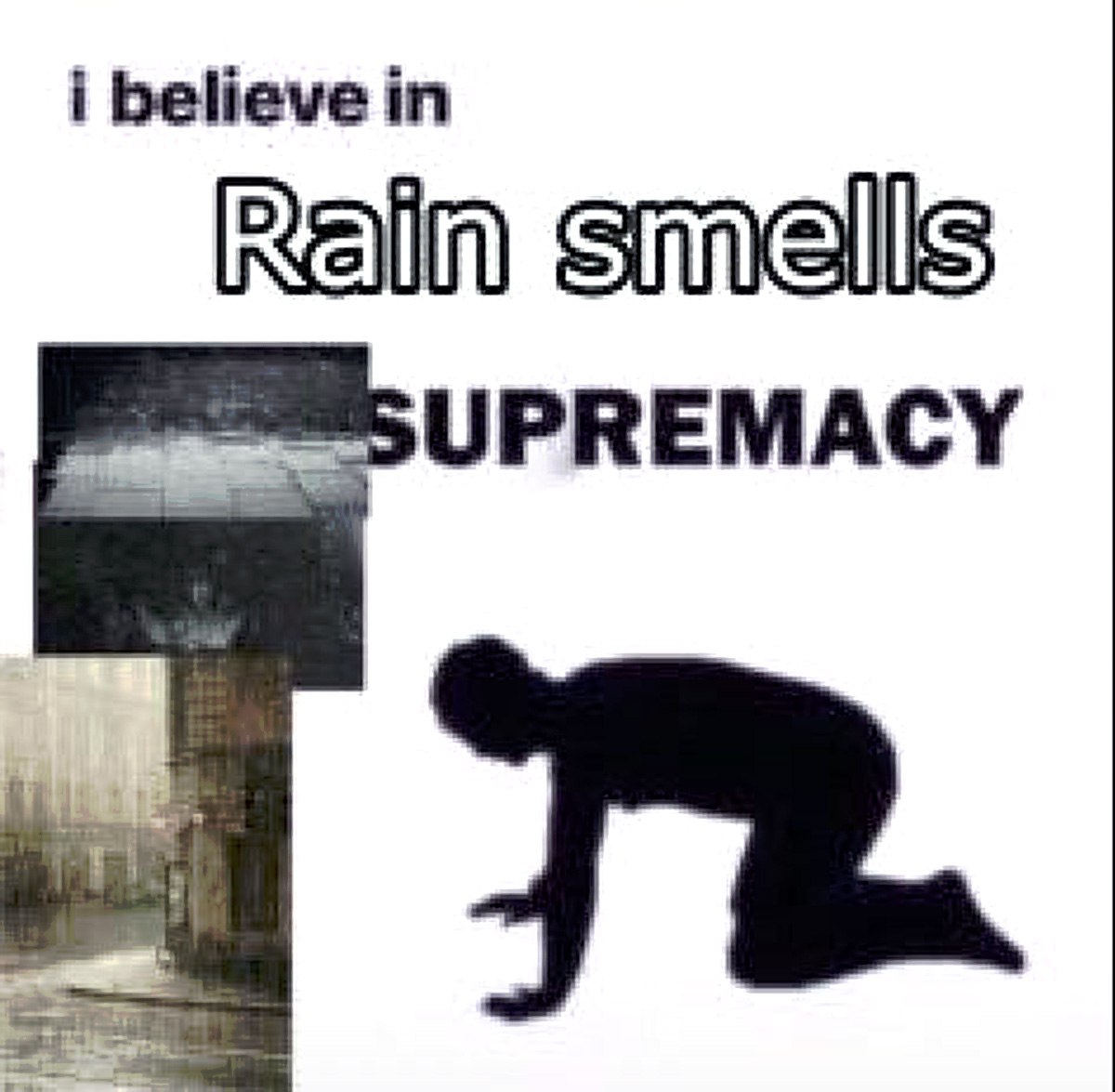 I believe in Rain smells supremacy Мем про превосходство запаха дождя и человека, который ему поклоняется.
