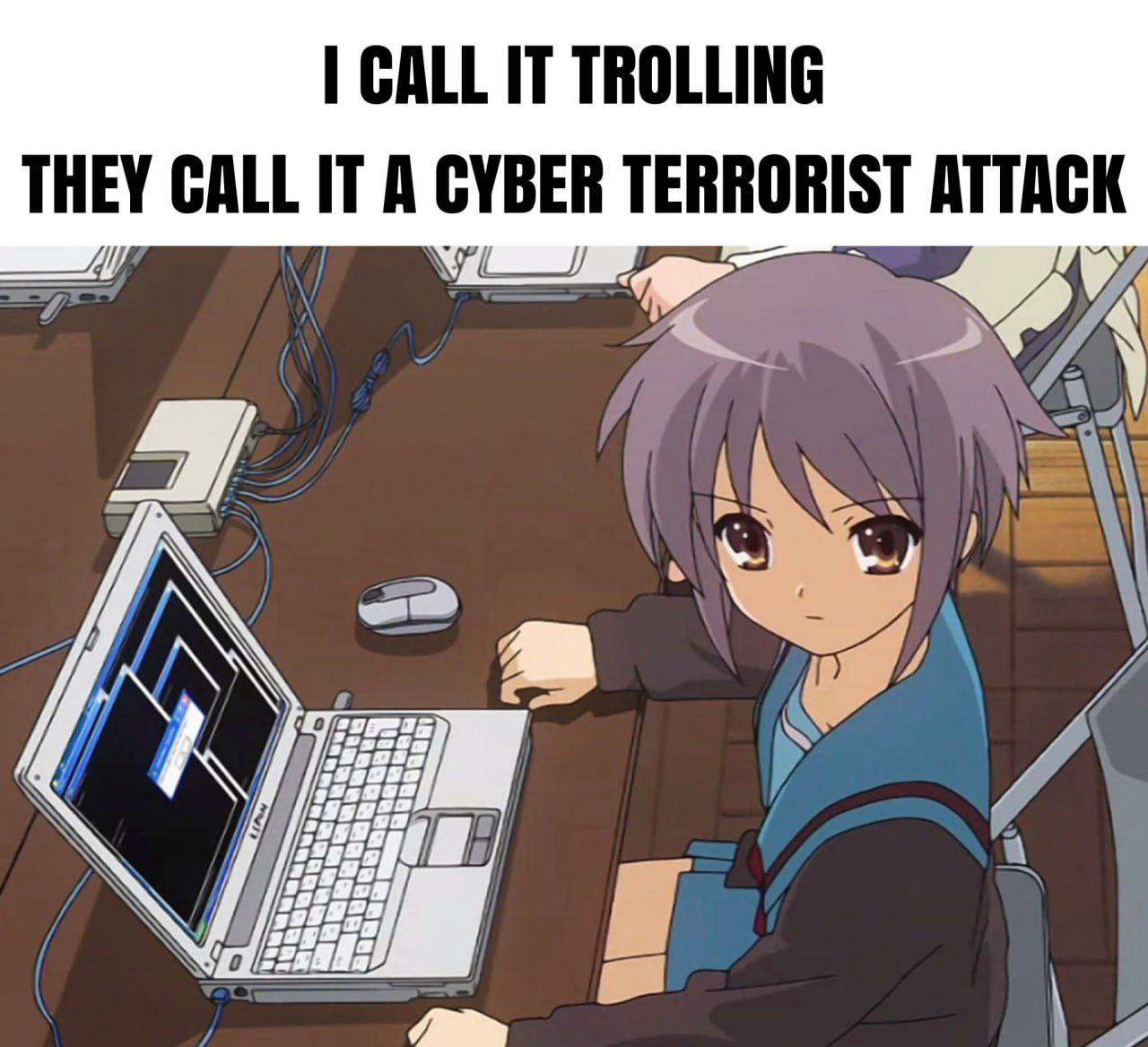 I call it trolling Мем с аниме-персонажем, который называет свои действия троллингом, в то время как другие считают это кибертеррористической атакой.