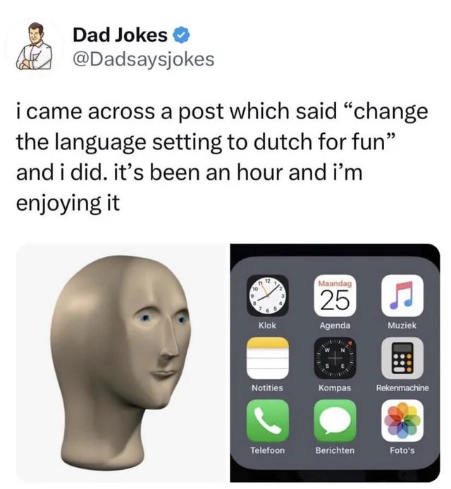 Мем про смену языка телефона на нидерландский, который стал смешным челленджем.