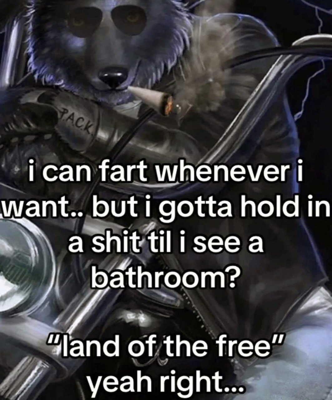 I can fart whenever I want, but I gotta hold in a shit 'til I see a bathroom? Волк-байкер с сигаретой: I can fart whenever I want, but I gotta hold in a shit 'til I see a bathroom?