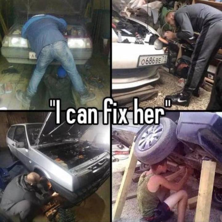 Коллаж с мужчинами, которые пытаются починить автомобили в самых экстремальных положениях, с надписью «I can fix her».