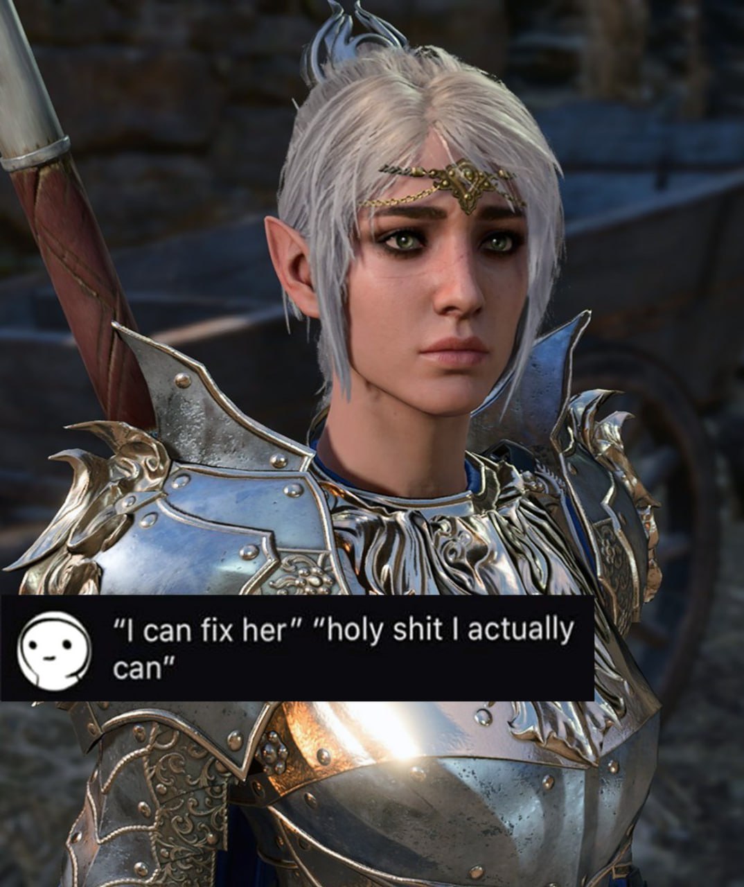 I can fix her holy shit I actually can Девушка-эльфийка в доспехах из Baldur's Gate 3 с фразой "I can fix her holy shit I actually can"