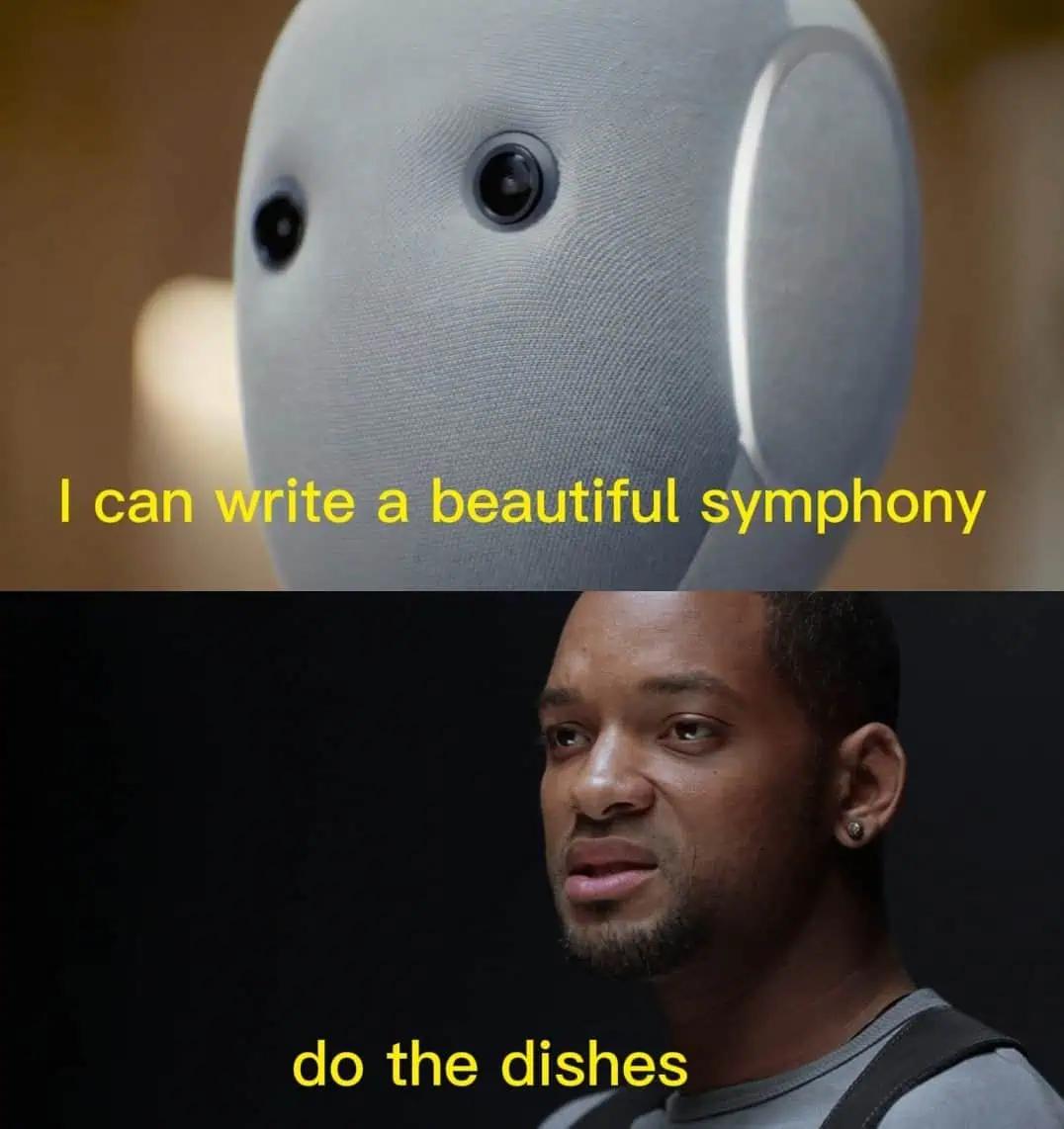 I can write a beautiful symphony do the dishes Робот говорит, что может написать красивую симфонию, а Уилл Смит говорит ему помыть посуду