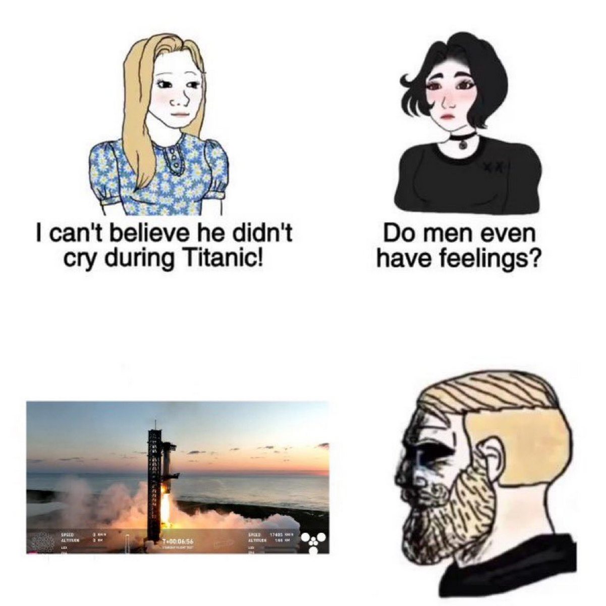 I can't believe he didn't cry during Titanic Две девушки спрашивают про чувства парня, а он смотрит на запуск ракеты