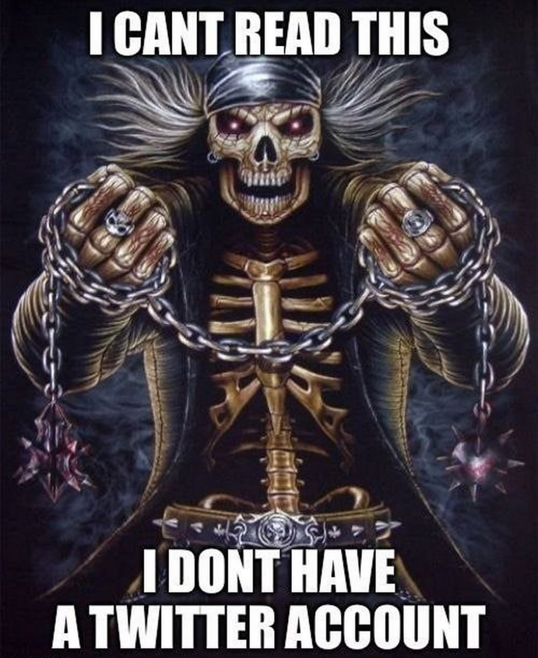 I cant read this I dont have a twitter account Скелет в бандане не может прочитать текст, потому что у него нет аккаунта в Твиттере