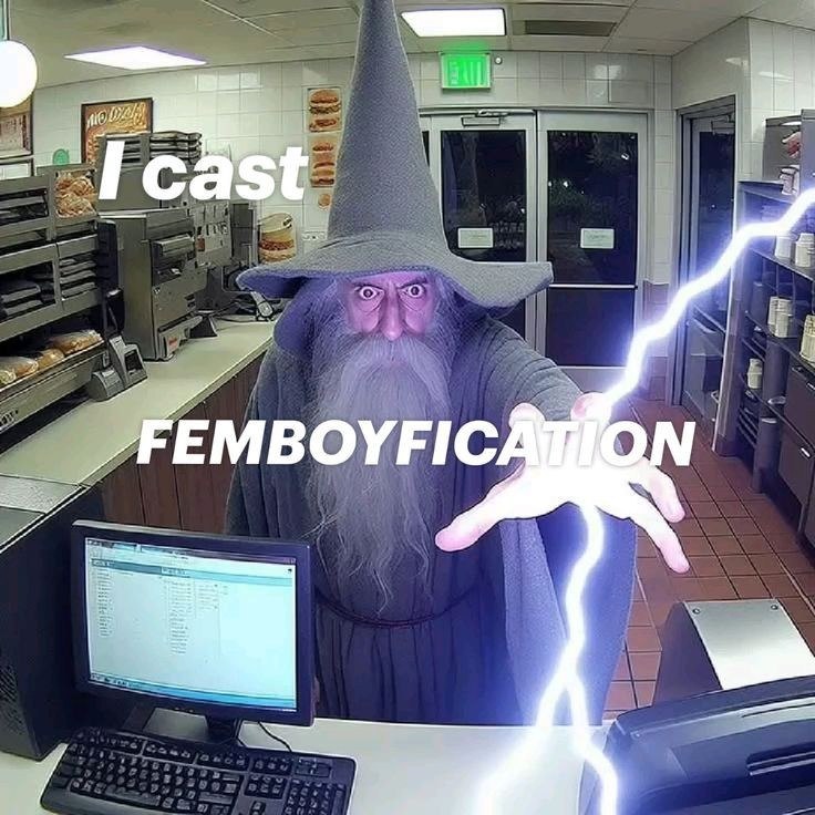 Волшебник в ресторане быстрого питания применяет заклинание «I cast FEMBOYFICATION», выпуская молнию из руки.