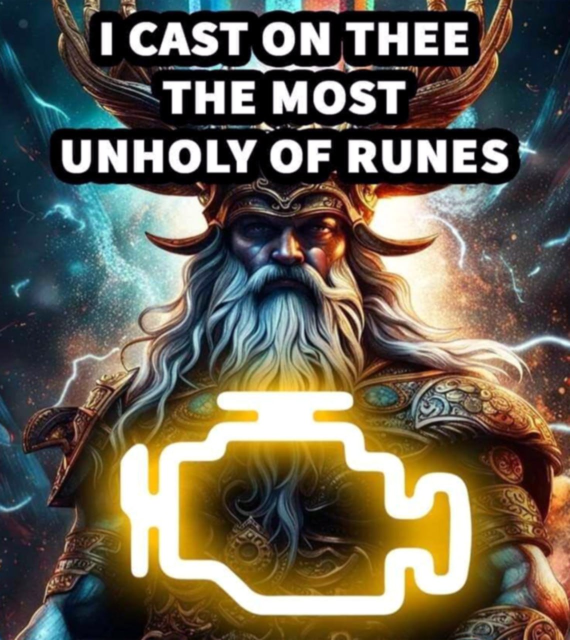 I cast on thee the most unholy of runes Бог или волшебник колдует "самые нечестивые руны" на фоне грозового неба, и появляется значок Check Engine