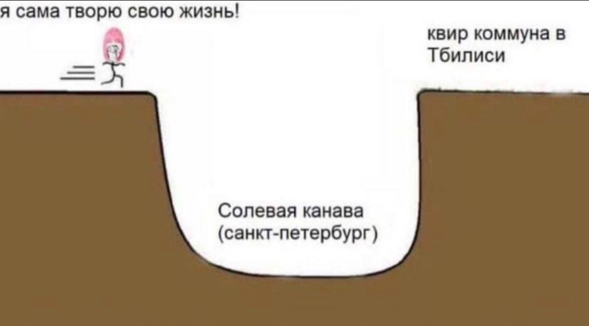 Я сама творю свою жизнь Мем "Я сама творю свою жизнь" с человеком, бегущим над солевой канавой в Санкт-Петербурге и квир-коммуной в Тбилиси