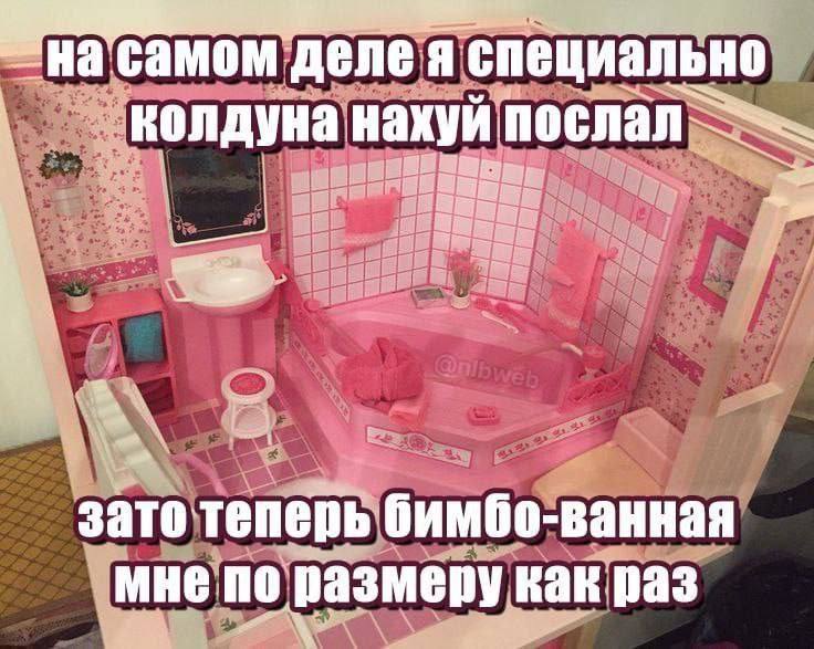 Я специально колдуна нахуй послал, зато теперь бимбо-ванная мне по размеру Маленькая розовая ванная комната с надписью: "На самом деле я специально колдуна нахуй послал, зато теперь бимбо-ванная мне по размеру как раз".