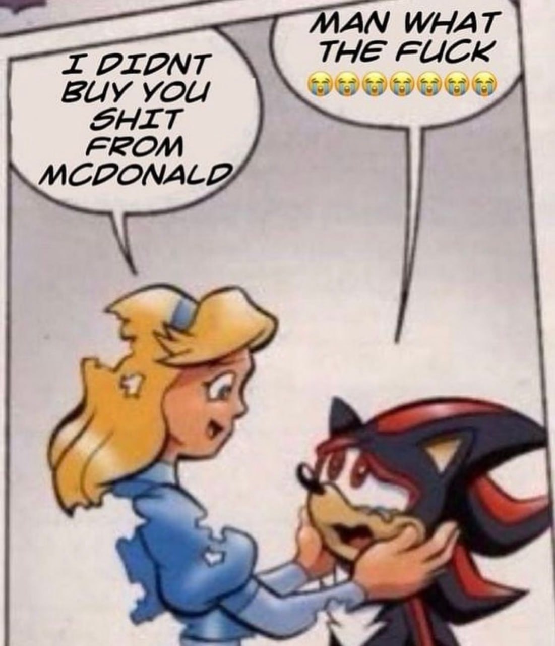 I didnt buy you shit from McDonald Блондинка держит за щёки плачущего Шедоу и говорит, что не купила ему ничего из Макдональдса