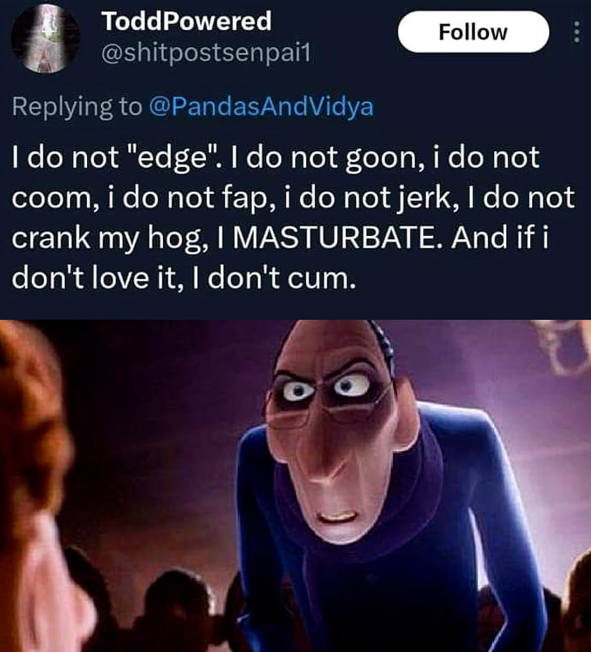Я не "edge". Я не "goon", я не "coom", я не "fap", я не "jerk", я не "crank my hog", я мастурбирую. И если мне это не нравится, я не кончаю Персонаж из «Рататуя» на фоне твита о мастурбации