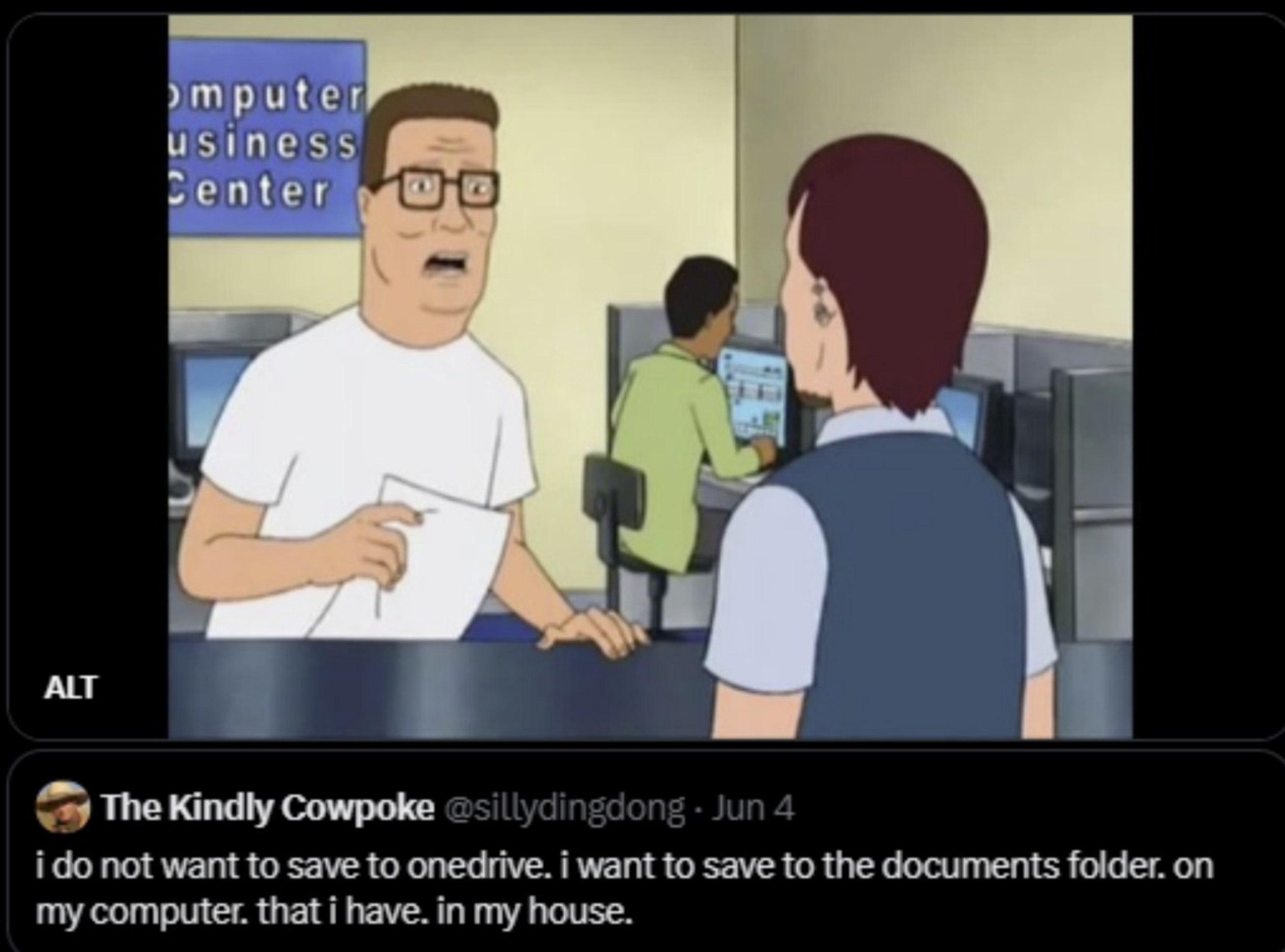 Хэнк Хилл объясняет, что не хочет сохранять файл в OneDrive, а предпочитает папку Documents на домашнем компьютере.