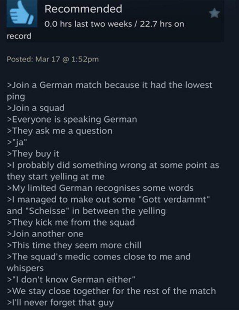I don't know German either Мем, где игрок присоединяется к немецкому матчу и отвечает «ja», после чего его выгоняют из команды, а потом находит друга, который тоже не знает немецкого.