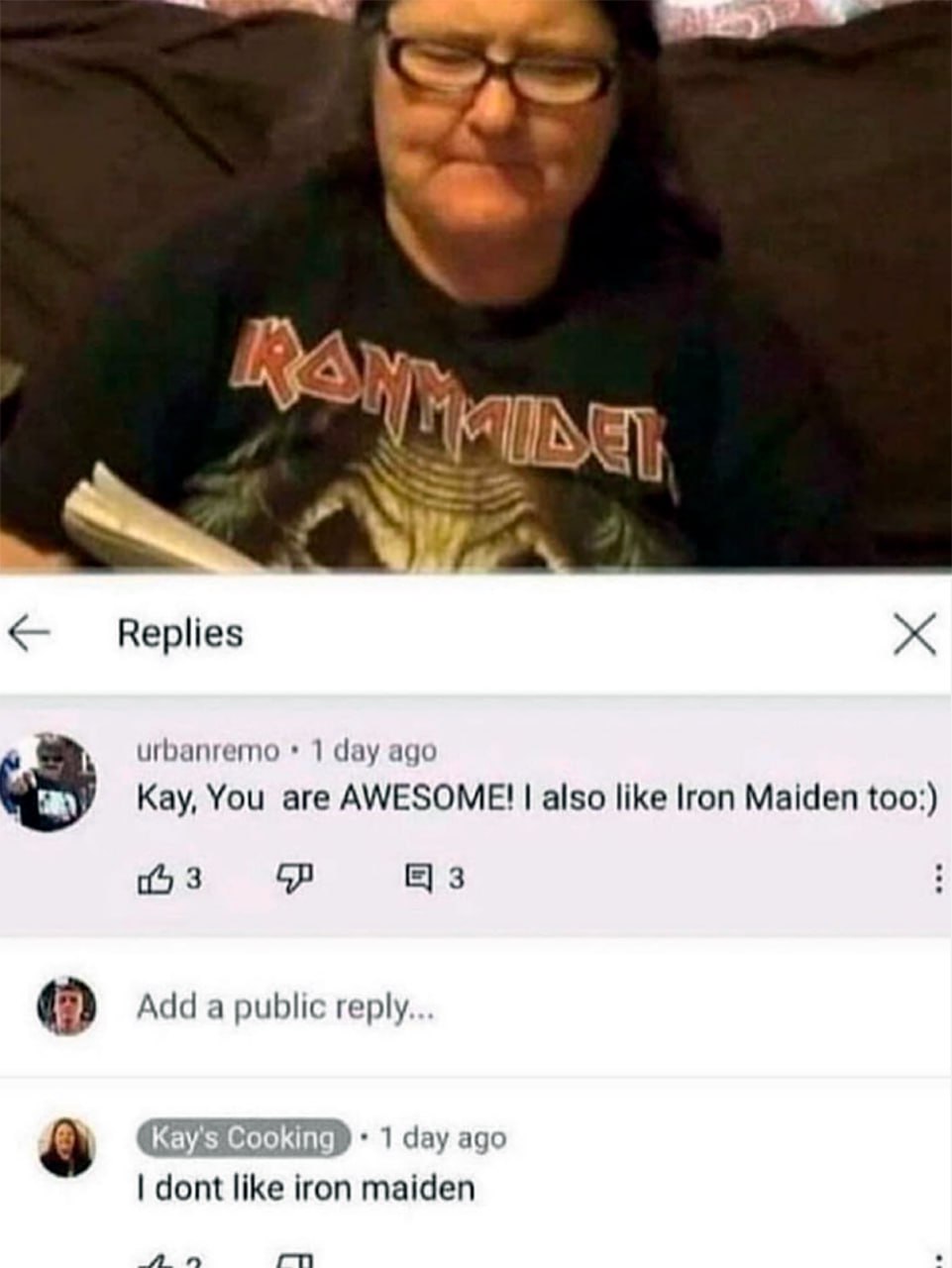 I dont like Iron Maiden Женщина в футболке Iron Maiden пишет, что не любит эту группу