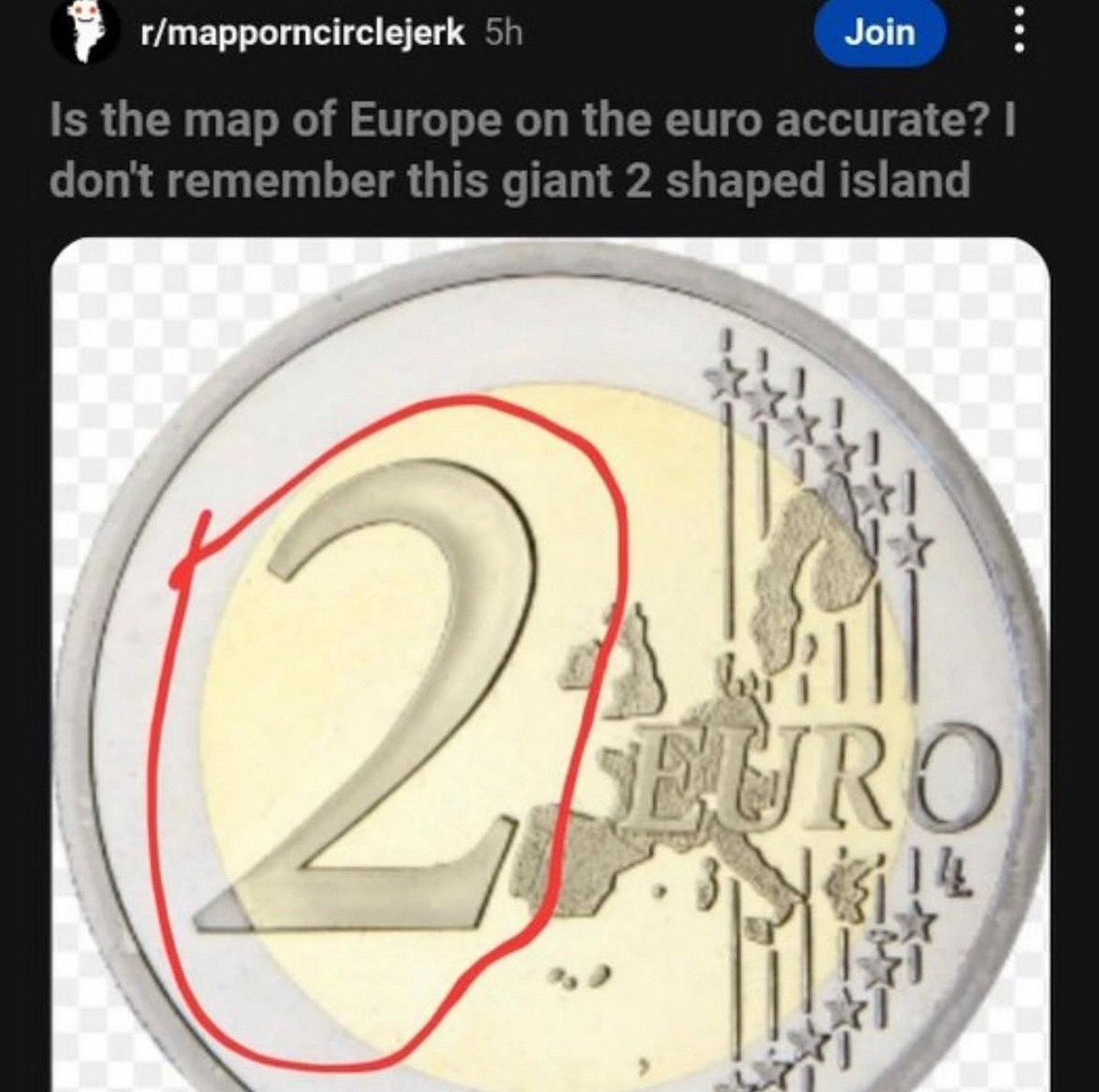 Я не помню этот гигантский 2 shaped island Человек задаётся вопросом о точности карты Европы на монете 2 евро, так как не помнит гигантский остров в форме двойки