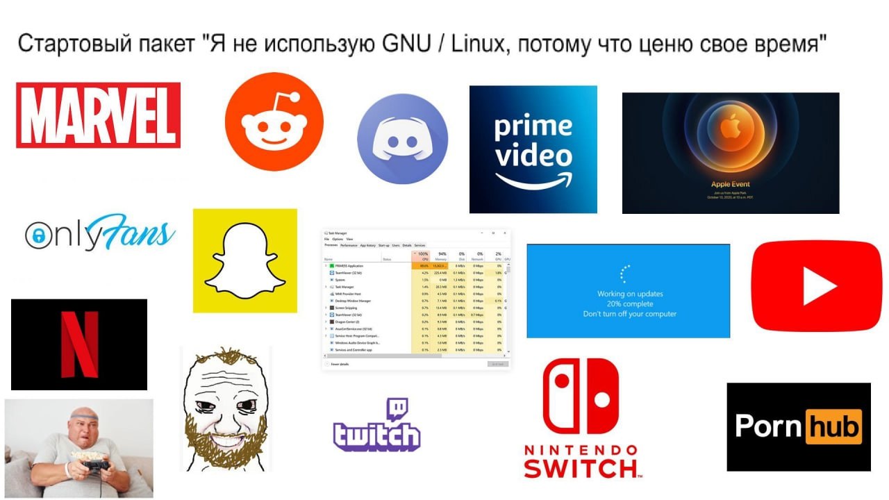 Стартовый пакет "Я не использую GNU / Linux, потому что ценю свое время" Мем «Стартовый пакет “Я не использую GNU/Linux, потому что ценю свое время”»