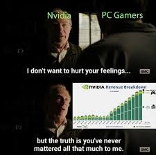 Мем с персонажами из «Во все тяжкие», где Nvidia говорит PC Gamers, что они никогда не имели для нее особого значения, показывая график доходов.